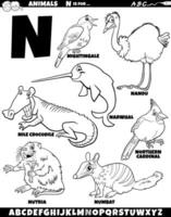 Karikatur Tier Zeichen zum Brief n einstellen Färbung Seite vektor