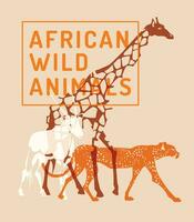 Silhouetten von wild afrikanisch Tiere. Giraffe, Gazelle, Gepard. Risograph Wirkung. Vektor eben Illustration. Zoo, Tourismus Konzept Werbung.