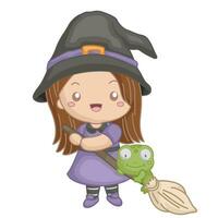 süß Hexe Halloween Kinder und Frosch Karikatur Illustration Vektor Clip Art Aufkleber