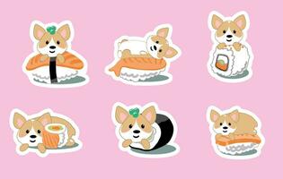 dra samling söt sushi corgy hund. klotter tecknad serie stil vektor
