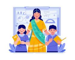 glücklich Lehrer Tag. ein indisch jung weiblich Lehrer mit Kinder Studenten. Welt Lehrer Tag Feier vektor