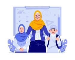 glücklich Lehrer Tag. ein Muslim weiblich Lehrer mit Kinder Studenten. Welt Lehrer Tag Feier vektor