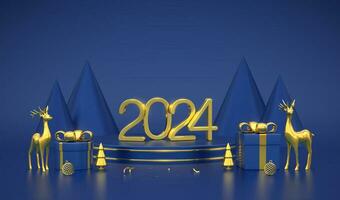 glücklich Neu 2024 Jahr. 3d golden metallisch Zahlen 2024 auf Blau Bühne Podium. Szene, runden Plattform mit Geschenk Kisten, realistisch golden Hirsche, Bälle, metallisch Kiefer Fichte Bäume auf Blau Hintergrund. Vektor. vektor