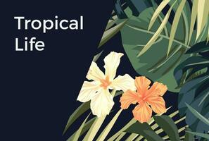 Sommer- tropisch hawaiisch Hintergrund mit Palme Baum Blätter und exotisch Blumen vektor