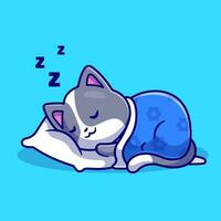 süß Katze Schlafen mit Kissen und Decke Karikatur Vektor Symbol Illustration. Tier Natur Symbol Konzept isoliert Prämie Vektor. eben Karikatur Stil