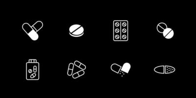 medicinsk piller och kapslar ikon uppsättning. symboler av sjukdom förebyggande och behandling med farmaceutisk vård för hälsa och vanligt levande vektor liv
