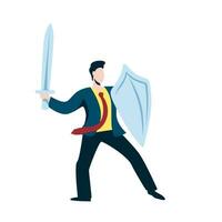 Karikatur Geschäftsmann Kampf Feuer Atmung Drachen Vektor Grafik Illustration. männlich Ritter mit schützend Schild und Schwert Schlacht mit Monster. Konzept von Risiko, Mut und Führung im Geschäft