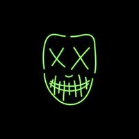 neon grön zombie mask. kuslig karaktär med korsa ögon och sydd mun med huggtänder för halloween och vektor fest