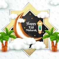 glad eid mubarak gratulationskort med 3d tecknad stil vektor