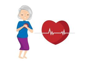 gammal kvinna innehav henne bröst med hjärta ge sig på tecken isolerat på vit bakgrund. begrepp av hjärta smärta, symptom av hjärta sjukdom, äldres risk, hälsa och medicin. platt vektor illustration.