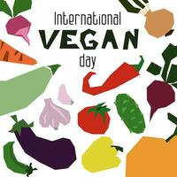 Vektor eben Illustration von das International vegan Tag. geeignet zum Gruß Karte, Poster und Banner. geometrisch Gemüse auf ein Weiß Hintergrund mit ein Inschrift November 1. Gemüse auf Weiß