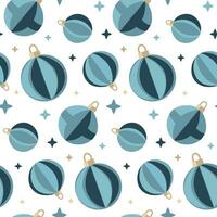 Weihnachten nahtlos Muster mit runden gestreift Weihnachten Baum Spielzeuge auf ein Weiß Hintergrund. Blau runden Formen im anders Größen und mit anders Muster. Vektor wiederholen eben Illustration