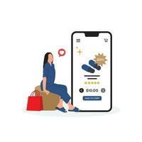 Frau mit Einkaufen Taschen und Handy, Mobiltelefon Telefon. Vektor Illustration im eben Stil