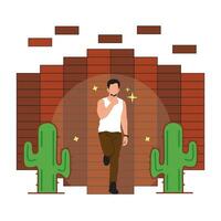 jung Mann Stehen in der Nähe von das Mauer mit Kaktus. Vektor Illustration.