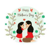 Lycklig mors dag hälsning kort med söt liten flicka kissing henne mor. vektor illustration.