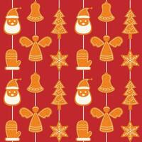 nahtlos Muster mit Lebkuchen Kekse auf ein Schnur. Weihnachten Ornament zum Winter Feiertage. Lebkuchen Weihnachtsmann, Weihnachten Baum, Schneeflocke, Engel, Fäustling, Glocke. Vektor Illustration