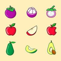 Apfel, Avocado und Mangostan-Set Illustration Vektor isolierte Früchte