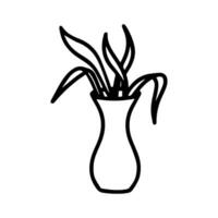 Blumen- Vektor Blume im ein Topf und Blätter im Gekritzel Stil isoliert auf Weiß Hintergrund. süß Blume Färbung Illustration zum saisonal Design, Textil, Dekoration Kinder Spielzimmer oder Gruß Karte.