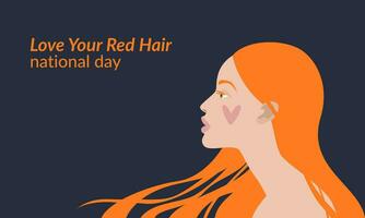 nationell kärlek din röd hår dag baner. rödhårig skön flicka med en hjärta på henne kind. vektor illustration