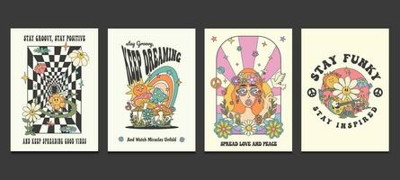 häftig hippie 70s posters med psychedelic tecknade serier, vektor illustration