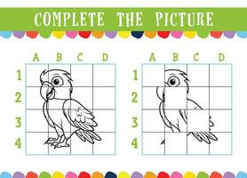barn pedagogisk färg bok sidor Avsluta de bild av söt tecknad serie papegoja vektor