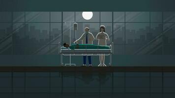 senior läkare och sjuksköterska tänker arbetssätt kolla upp upp sjuk patient sömn på säng i sjukhus. vektor