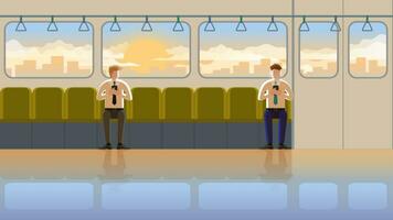 lgbt zwischen Männer im Zug Öffentlichkeit Transport beim das früh Morgen Sonnenaufgang. vektor