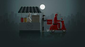 Lieferung Mann auf Motorrad ausdrücken liefern von Kiosk Geschäft beim Nacht vektor
