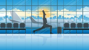 Yoga Haltung Geschäftsmann beim International Flughafen warten zum Geschäft Ausflug Flug vektor