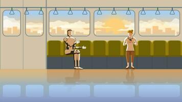ein Frau hört zu zu das Roboter sprechen chatten während mit Smartphone auf ein Zug Öffentlichkeit Transport vektor