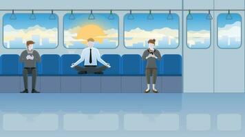 Meditation Geschäftsmann Sitzung mit gekreuzten Beinen auf Sitz im Zug Öffentlichkeit Transport vektor