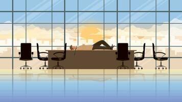 Überarbeitung müde Büro Mann legen Nieder Schlaf auf das Sitz im Konferenz Zimmer mit unordentlich Stuhl vektor