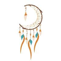 Traum Fänger im Boho Stil im das bilden von ein Halbmond Mond mit Perlen und Gefieder. vektor