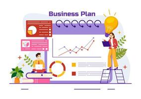 företag planen vektor illustration med mål, planera, arbetsflöde, tid förvaltning, statistisk och data analys i platt tecknad serie bakgrund