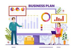 företag planen vektor illustration med mål, planera, arbetsflöde, tid förvaltning, statistisk och data analys i platt tecknad serie bakgrund