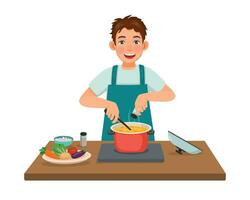 ung man matlagning utsökt vegetabiliska soppa med panorera tillsats kryddor i de kök vektor