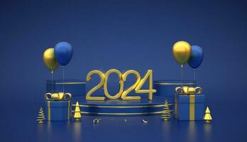Lycklig ny 2024 år. 3d gyllene metallisk tal 2024 på blå skede podium. scen plattformar med gåva lådor och gyllene metallisk tall, gran träd och festlig helium ballonger. vektor illustration.
