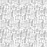 nahtlos Muster mit Cocktails, Getränke, Flasche von Sekt, Cupcakes und Lutscher. Gekritzel Hand gezeichnet Vektor Illustration auf Weiß Hintergrund schwarz Umriss.