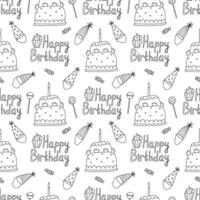 sömlös mönster med födelsedag kakor, hattar och klubbor. klotter hand dragen vektor illustration på vit bakgrund svart översikt.