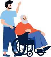 Hand gezeichnet Alten Person Sitzung im ein Rollstuhl und Kind im eben Stil vektor