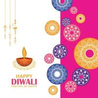 glücklich Diwali, Festival von Beleuchtung, Papier Grafik von indisch Rangoli, golden Beleuchtung, bunt dekorativ Hintergrund, Blau Magenta Hintergrund vektor