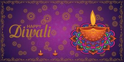 Lycklig diwali, festival av lampor, papper grafisk av indisk rangoli, gyllene lampor, färgrik dekorativ bakgrund, blå magenta bakgrund vektor
