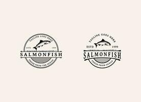 Lachs Fisch Logo Meeresfrüchte Etikette Abzeichen Vektor Aufkleber herunterladen