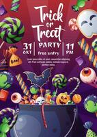 Flyer Vorlage mit Kessel von Süßigkeiten. Halloween Party. Trick oder behandeln. Party Einladung Design vektor