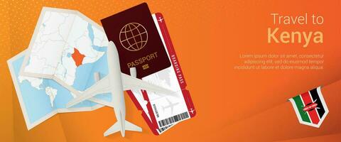 Reise zu Kenia Pop-under Banner. Ausflug Banner mit Reisepass, Eintrittskarten, Flugzeug, Einsteigen passieren, Karte und Flagge von Kenia. vektor