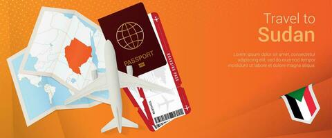 Reise zu Sudan Pop-under Banner. Ausflug Banner mit Reisepass, Eintrittskarten, Flugzeug, Einsteigen passieren, Karte und Flagge von Sudan. vektor