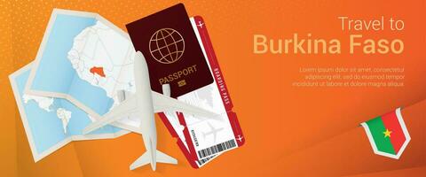 Reise zu Burkina Faso Pop-under Banner. Ausflug Banner mit Reisepass, Eintrittskarten, Flugzeug, Einsteigen passieren, Karte und Flagge von Burkina faso. vektor