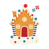 bageri hus. jul pepparkaka. småkakor i de form av hus med godis dekorationer. jul sötsaker och gåvor. randig klubbor. vektor illustration