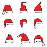 einstellen von Hand gezeichnet Santa Hüte zum Ihre Kreativität. festlich Design Element zum Weihnachten und Neu Jahr. Vektor Illustration im Gekritzel Stil