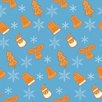 sömlös mönster med pepparkaka småkakor och snöflingor. festlig design för tyg, omslag papper, textil, tapet, hälsning kort. vektor illustration